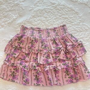 LoveShackFancy Pink Floral Ruffle Mini Skirt